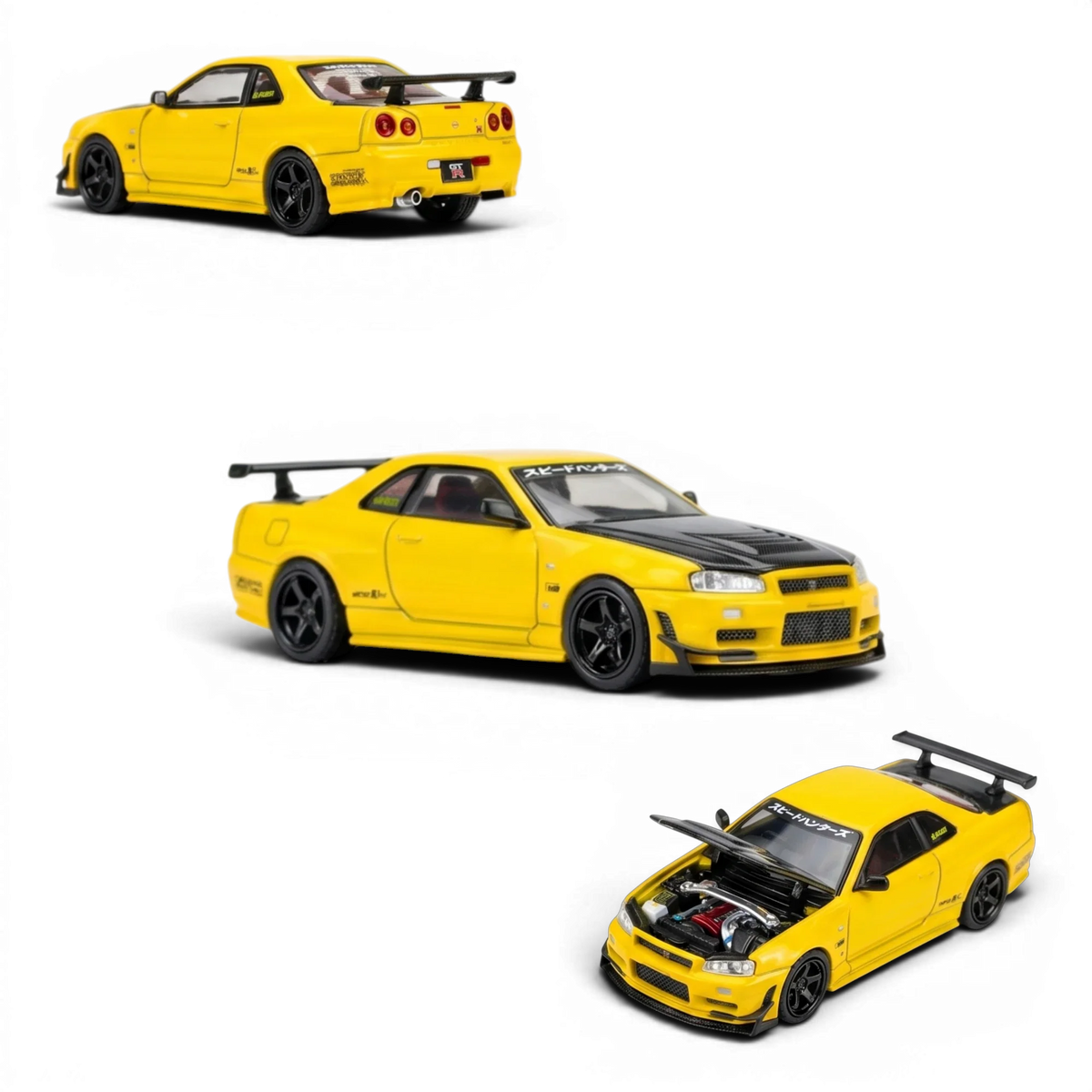 (Pre-Order) MOTORHELIX Nissan Skyline GT - R R34 Customized - A/ Lightning Yellow w/ GT Aero Kit 1:64