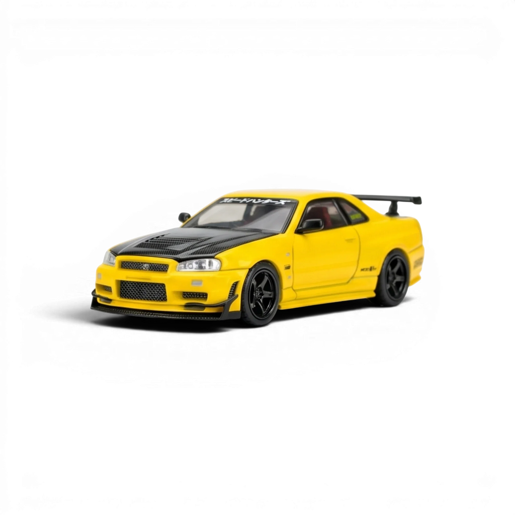 (Pre-Order) MOTORHELIX Nissan Skyline GT - R R34 Customized - A/ Lightning Yellow w/ GT Aero Kit 1:64