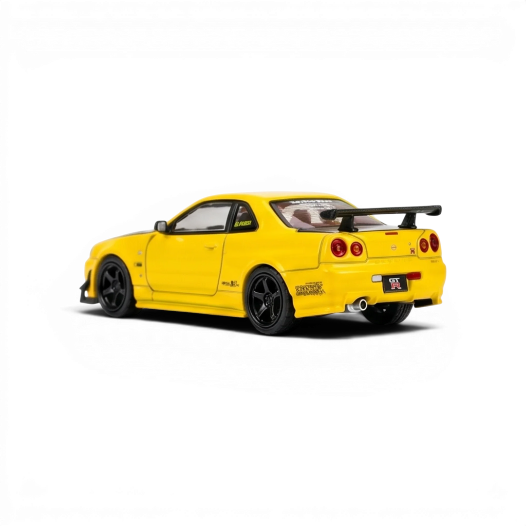 (Pre-Order) MOTORHELIX Nissan Skyline GT - R R34 Customized - A/ Lightning Yellow w/ GT Aero Kit 1:64