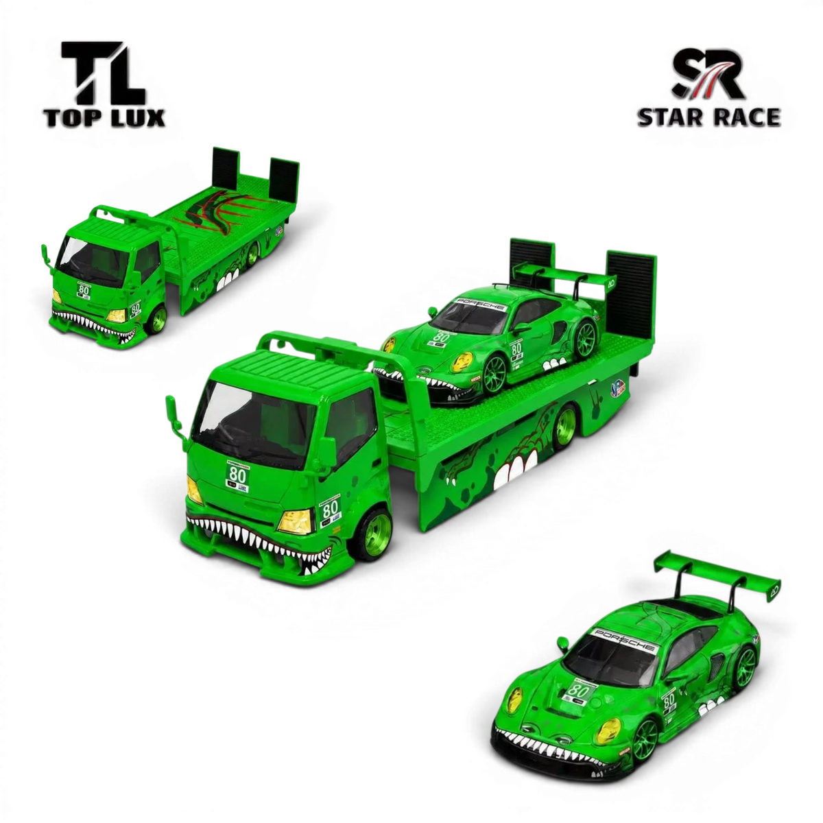 (Pre-Order) TL&SR Tyrannosaurus Set - C/Green (T - Rex trailer + T - Rex Porsche, sold as set) 1:64