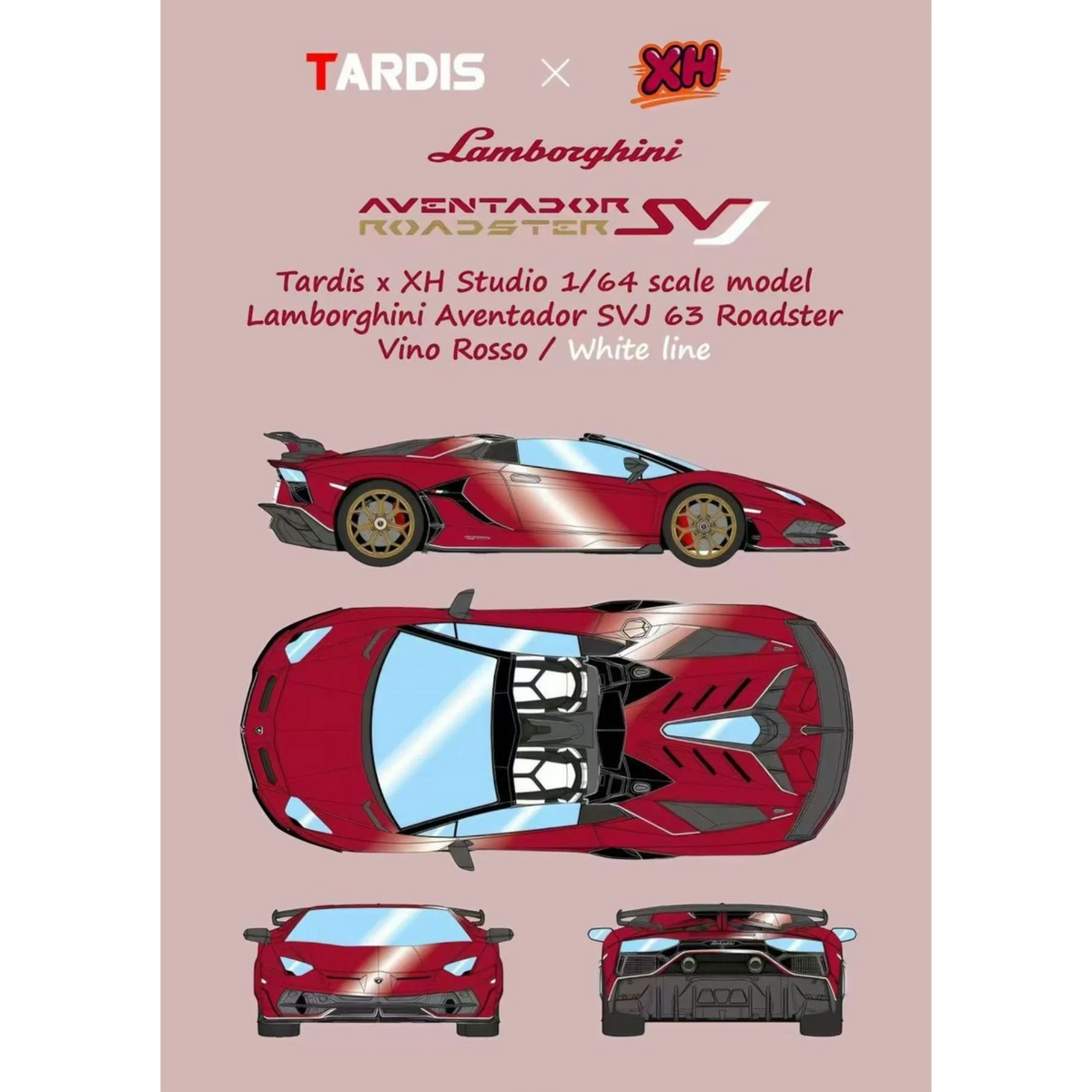 (Pre-Order) TARDIS x XH Lamborghini SVJ Roadster Vino Rosso - Gold Wheels White Accents - Limited 150 pcs 1:64