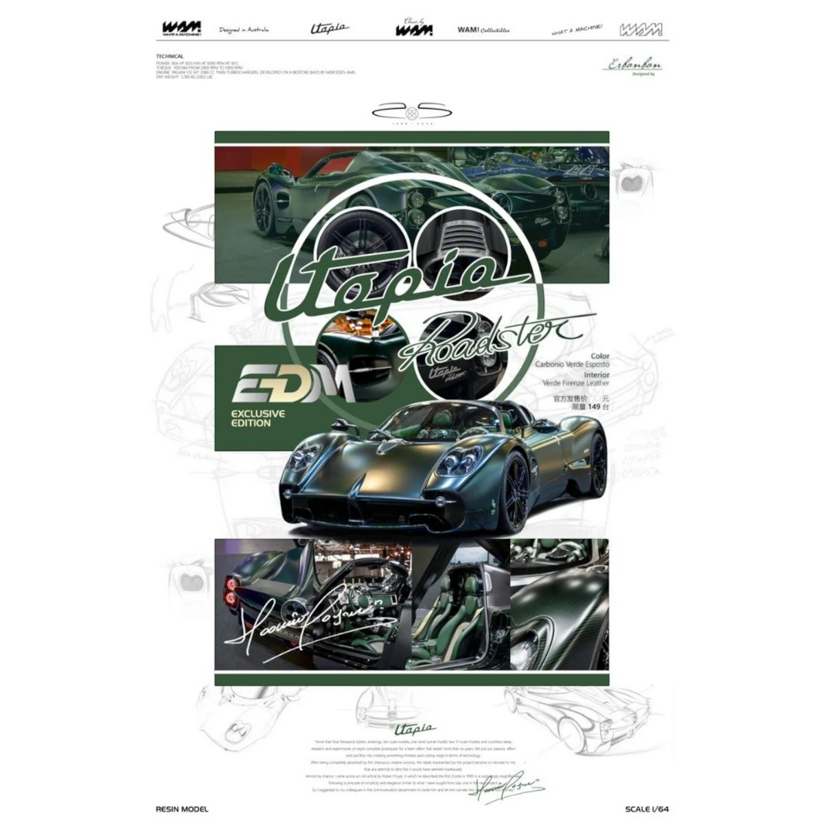(Pre-Order) WAM x EDM Pagani Utopia Roadster - Carbonio Verde Esposto (Ltd 149) 1:64